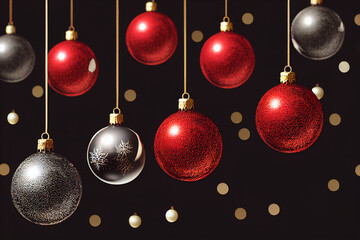 Christmas ornaments, red, white balls hanging. New year celebration and decorations. Black background