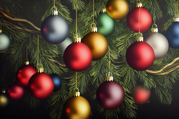 Obraz na płótnie Canvas Christmas background, balls red, white, yellow, blue, green hanging near garland, ornaments. Black background