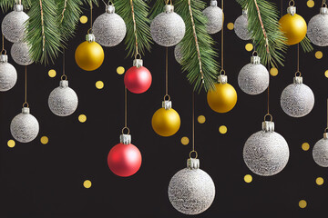 New Year's balls of red, white, yellow hanging. Christmas party with garland decorations. Black background