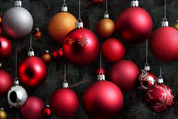 Red, white and yellow balls hanging for Christmas. New Year Celebrations with garland decorations. Black background