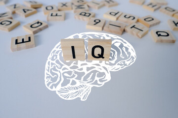 silhouette of brain, word IQ, wooden letters, intelligence quotient on wooden background,...