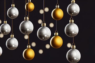 Christmas balls white, yellow hanging. Christmas decorations . Black background