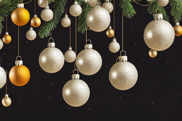 Christmas background, white, yellow balls hanging near garland, ornaments. Black background