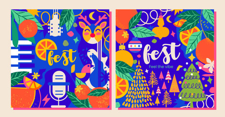 2 templates for a winter fair with a cute deer, Christmas trees, tangerines and festive elements. This bright, Christmas design is sure to fill your project with New Year's spirit!