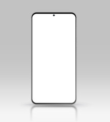 Realistic vector smartphone. Smart phone with shiny white screen isolated on light grey background