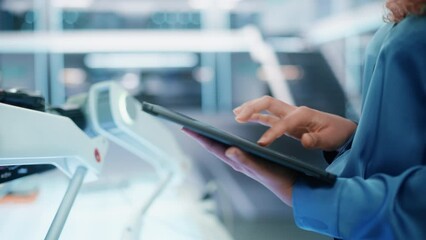 Close Up Footage of a Woman Using Tablet Computer in High Tech Modern Industrial Office Facility. Engineer Programming and Setting Up a Modern Robot Concept on a Smart Device.