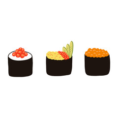 Gunkan sushi set with red caviar in cartoon flat style. Hand drawn Japanese traditional cuisine
