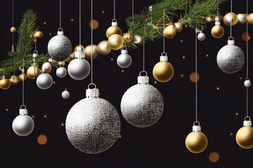 Christmas background, white, yellow balls hanging near, decorations. New Year's Eve party. Black background