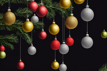 Christmas background, balls red, white, yellow, green hanging near the garland, ornaments. Black background