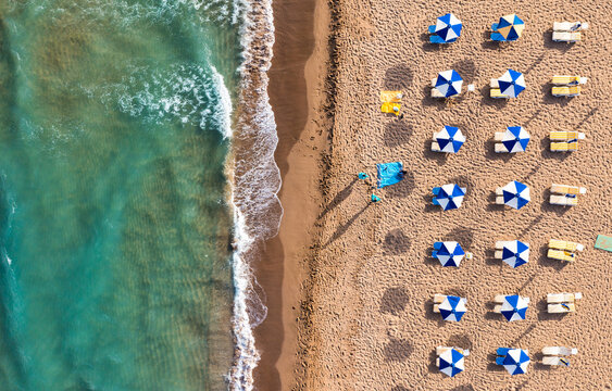 Aerial drone view over western coast and Glyfada beach, Island of Corfu, Greece. Glyfada Beach at Corfu Greece during the day.