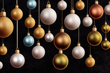 Christmas background, white, yellow, blue balls hanging near, ornaments. Black background