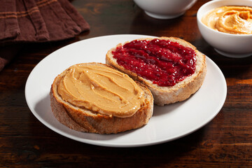smooth peanut butter and jam bread toast, american traditional sandwich