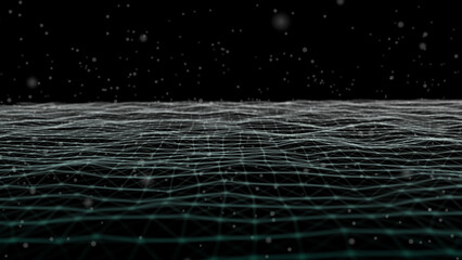 Abstract digital landscape with flowing particles. Cyber or technology background