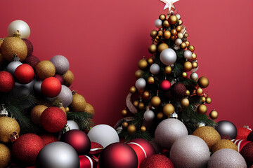 Balls red, white, yellow balls hanging, lying, Christmas decorations, balls, Christmas tree, near. Red background