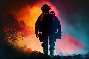 Siluette fo firefighter with fire