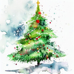Watercolor Christmas tree with toys. Holiday illustration. generative art