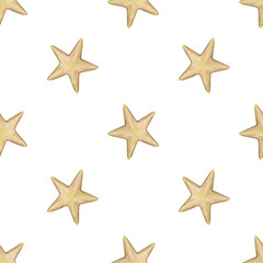 Fototapeta na wymiar Vintage watercolor seamless pattern with golden snowflakes and stars. Isolated on white background.