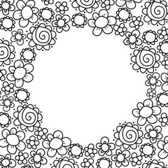 Round floral frame with filled corners. Blank for greetings, postcards, announcements, awards. Vector image on a transparent background.