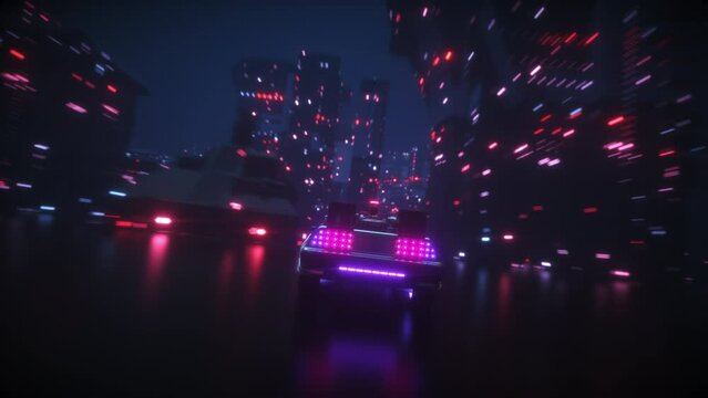 This Stock Motion Graphics Video shows a Sci-Fi Car Riding in CyberPunk City futuristic background Loop