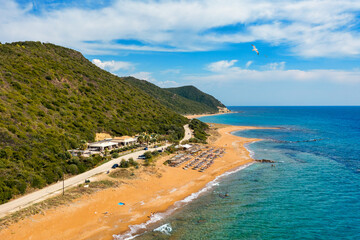 Wonderful view of Kanoula beach. Greece. Aerial view of Kanoula beach, Ionian Sea. Stunning summer scene of Corfu island, Greece, Europe. Beauty of nature concept background.