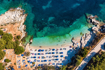 Aerial drone view north east coast with Kanoni, Mpataria and Pipitos beach, Island of Corfu,...