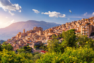 Caccamo, Sicily. Medieval Italian city with the Norman Castle in Sicily mountains, Italy. View of...