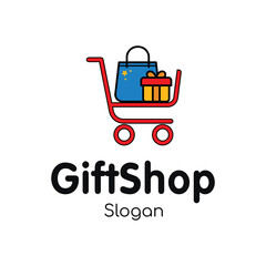 Gift shop vector logo template, vector shopping bag, gift box, creative typographic design, shopping cart design concept symbol, icon