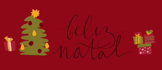 Merry Christmas in portuguese Feliz Natal handwritten lettering calligraphy. Christmas tree, presents hand drawn illustration. Vector web banner