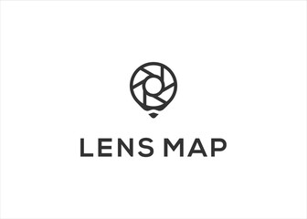 camera lens with map pin logo design template