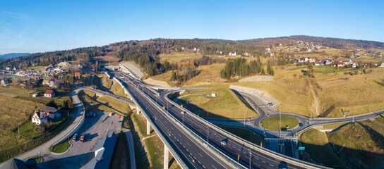 Poland. Zakopianka highway with newly opened tunnel in November 2022.  Multilevel spaghetti...