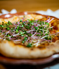 closeup pizza with microgreens
