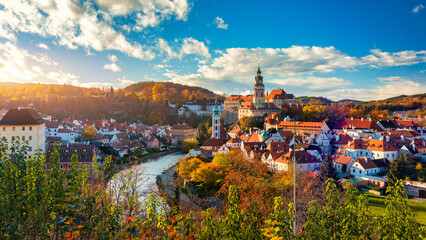 View of historical centre of Cesky Krumlov town on Vltava riverbank on autumn day overlooking medieval Castle, Czech Republic. View of old town of Cesky Krumlov, South Bohemia, Czech Republic.