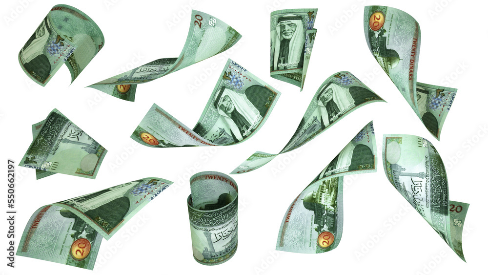 Poster 3d rendering of jordanian dinar notes flying in different angles and orientations isolated on transp