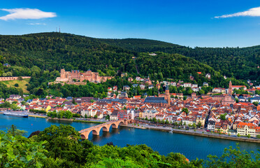 Naklejka na ściany i meble Landmark and beautiful Heidelberg town with Neckar river, Germany. Heidelberg town with the famous Karl Theodor old bridge and Heidelberg castle, Heidelberg, Germany.