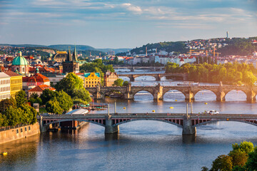 Fototapeta na wymiar Charles Bridge sunset view of the Old Town pier architecture, Charles Bridge over Vltava river in Prague, Czechia. Old Town of Prague with Charles Bridge, Prague, Czech Republic.