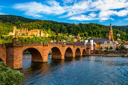 Landmark and beautiful Heidelberg town with Neckar river, Germany. Heidelberg town with the famous Karl Theodor old bridge and Heidelberg castle, Heidelberg, Germany.
