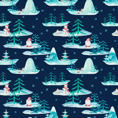 Obraz na płótnie Canvas Watercolor seamless pattern. Hand painted illustrations of snow man and dwarf with lanterns. Forest with snow, fir trees, mountains. Snowfall. Print on dark blue background for New Year, Christmas