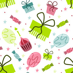 Seamless pattern on holiday theme. Gifts, sweets etc. Vector illustration.