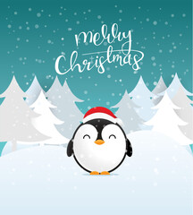 Merry Christmas greeting card with cute penguin in the woods. Vector illustration.