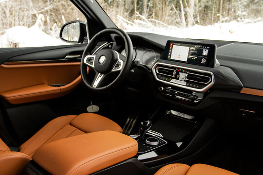 MOSCOW, RUSSIA - FEBRUARY 05, 2022. BMW X3 (G01), interior view. Compact luxury crossover SUV. Central console of the new BMW iDrive.