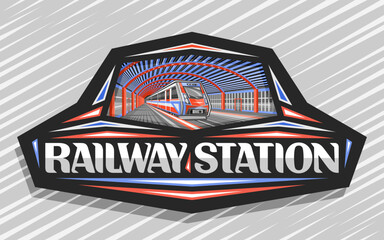 Vector logo for Railway Station, dark decorative sign board with illustration of red an blue train rushing by railroad, industrial badge with unique brush lettering for gray words railway station