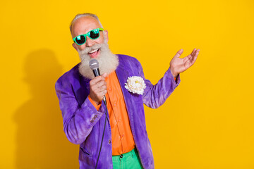 Photo of famous popular mc singer retired pensioner stylish bright costume celebrate event empty...