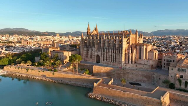 Aerial view of Palma de Mallorca cityscape. Cathedral La Seu of Santa Maria Royal Palace of La Almudaina. Balearic Islands. Spain