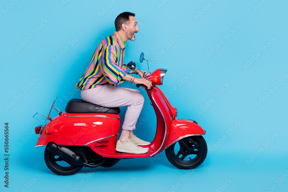 Poster Profile side photo of crazy carefree enjoy trip first drive lesson move city town look empty space isolated on blue color background