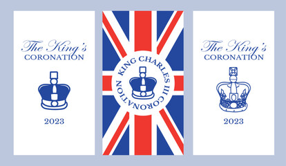 Poster for King Charles III Coronation with British flag vector illustration. Greeting card for celebrate a coronation of Prince Charles of Wales becomes King of England.  - obrazy, fototapety, plakaty