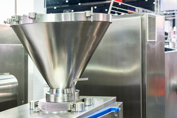 stainless hopper or chute component of food manufacturing for input contain and hold material of...