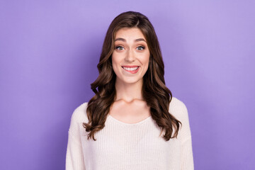 Fototapeta premium Photo of young cheerful happy lady wear white jumper bite lip teeth anticipation want get more gifts for birthday isolated on violet color background