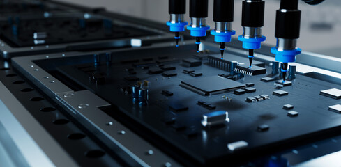 CPU manufacturing conveyor belt. 3D illustration on technology and industrial chip manufacturing