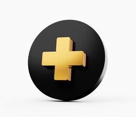 3d Gold and black circle with plus on the white background. 3d illustration