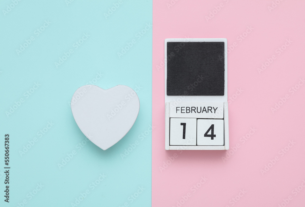 Sticker Wooden calendar with the date February 14 and a heart shaped gift box on a blue pink background. Valentine's Day